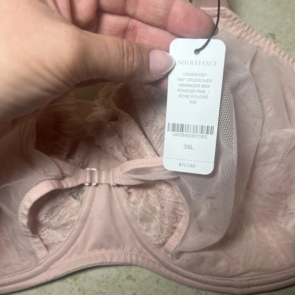 UNDERSTANCE Fay Crossover Powder Pink Minimizer Bra 38L Luxury Mesh Lace NWT